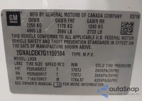 2016 Chevrolet Equinox Lt z USA, uszkodzony, nr VIN 2GNALCEK7G1159384